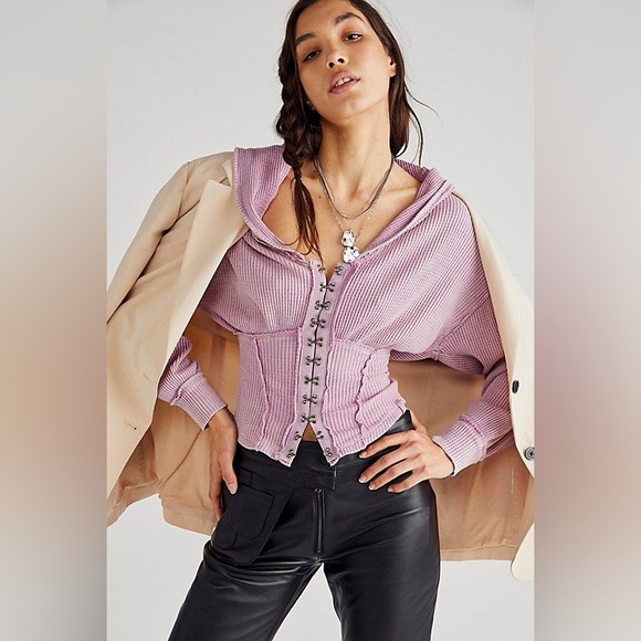 NEW FREE PEOPLE We The Free Cherry Girls Night Thermal Hoodie Sweater Pink XS - Picture 3 of 14